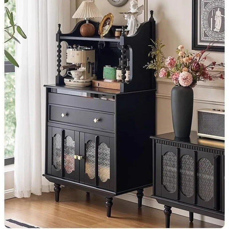black living room, integrated tea storage against the wall, medieval American small apartment bar counter