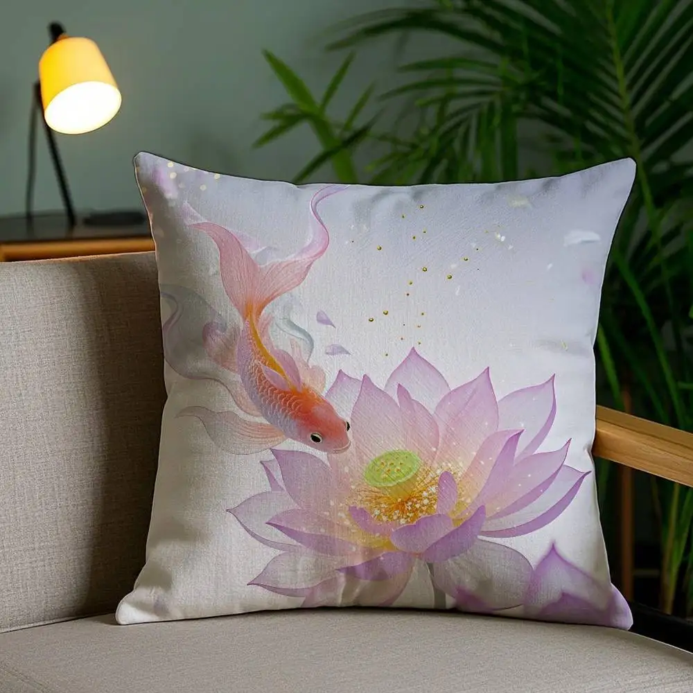 Auspicious Koi Carp And Lotus Flowers Anime Pillow Case Anti-dustmite Invisible Zipper Sofa Bed
