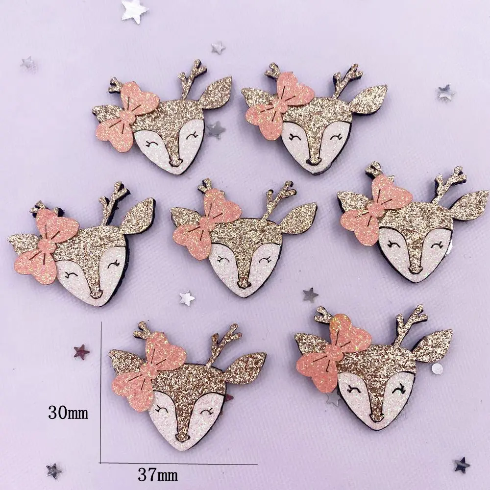 10pcs Felt Fabric Colorful Glitter Bepowder Cartoon Bowknot Golden Deer Patch Applique Sewing DIY Hair Bow Craft  Supplie XE810