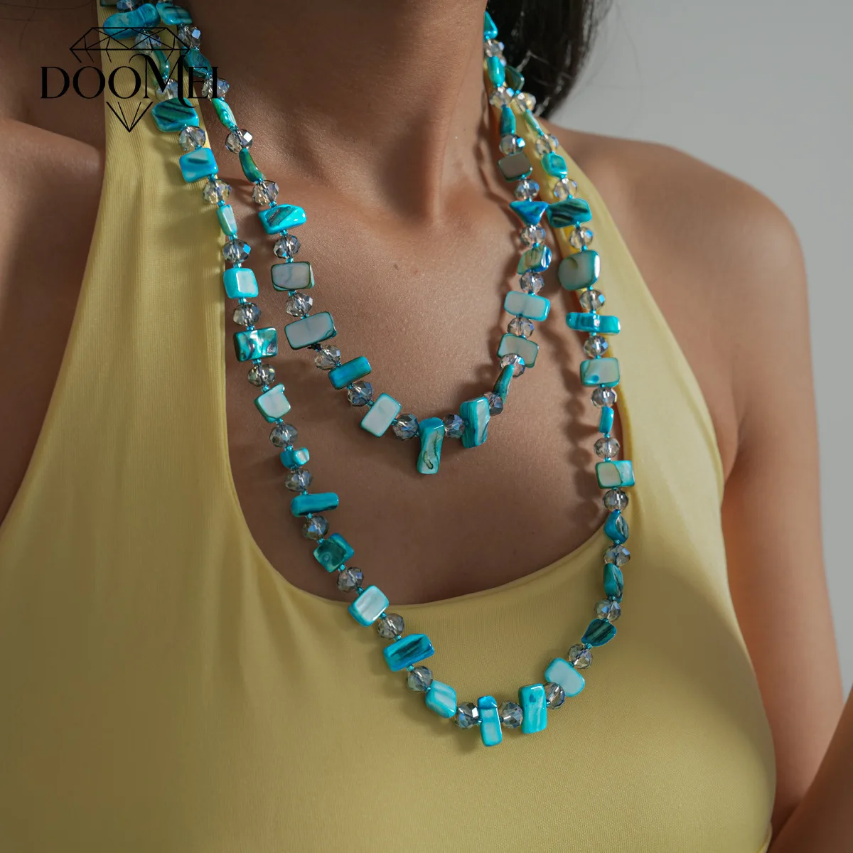 DOO MEI Irregular Blue Shell Beaded Necklace for Women Bohemian Crystal Bead Chain Necklace Vintage Vacation Daily Jewelry