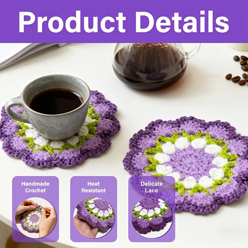 2pcs Handmade Crochet Flower Coaster Purple Floral Knitted Cup Mat Absorbent Cotton Mug Pad Non-slip Table Protector Home Decor