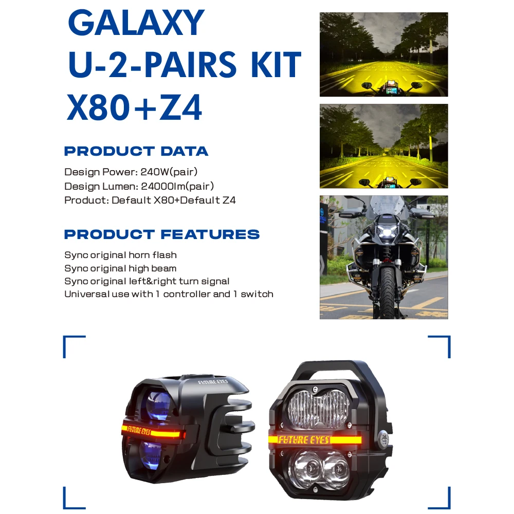 Future Eyes Galaxy 2 Pairs Kit X80 Z4, 300w Motorcycle Fog Lights Kit, LED Motorcycle Auxiliary Driving Lights for Night Riding