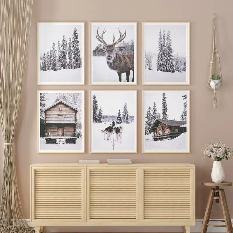 Forest Wooden House Winter Moose Wall Art Canvas Painting Poster Print Pictures Home Decor Christmas Room Decoration Gift