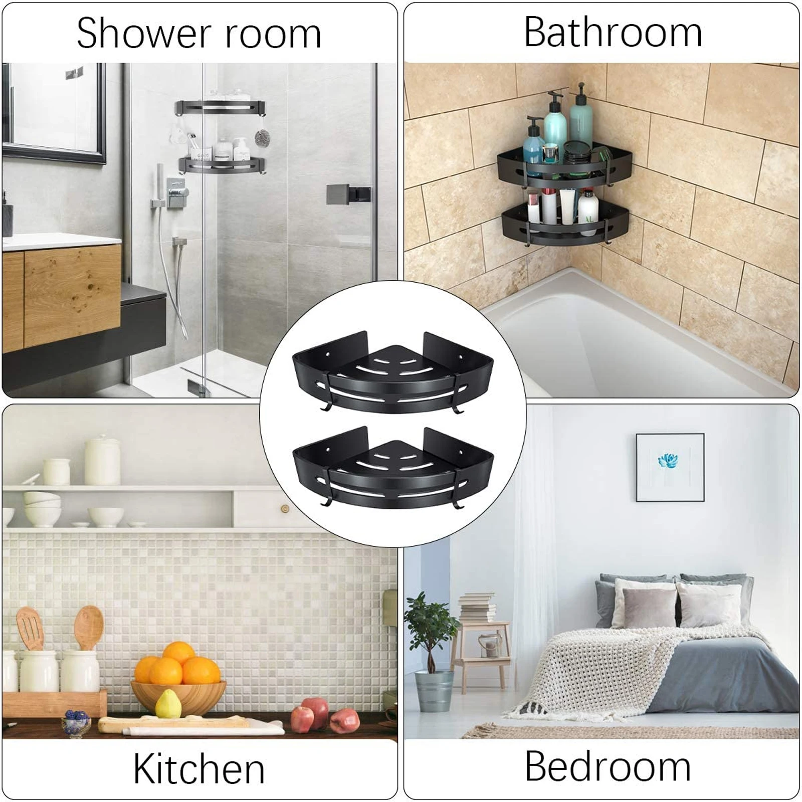 

2pcs Bathroom Corner Shelf Stainless Steel Wall Mounted Rack Black 2 Hooks Storage Triangle Design Fits Kitchen