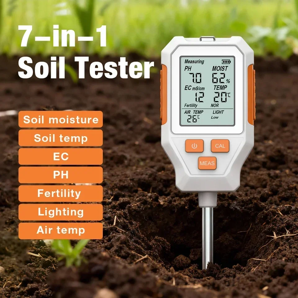 

2026 LCD Display Soil Detector Function 3/7-in-1 Tester PH/EC/Temperature/Moisture/Air Temp/Fertility/Sunlight Meter AAA Battery