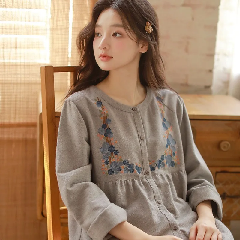 Autumn Women's 100% Cotton Flannel Pajama Set Long-Sleeve Pants 2PCS Crew Neck Loungewear with High-Tech Embroidery
