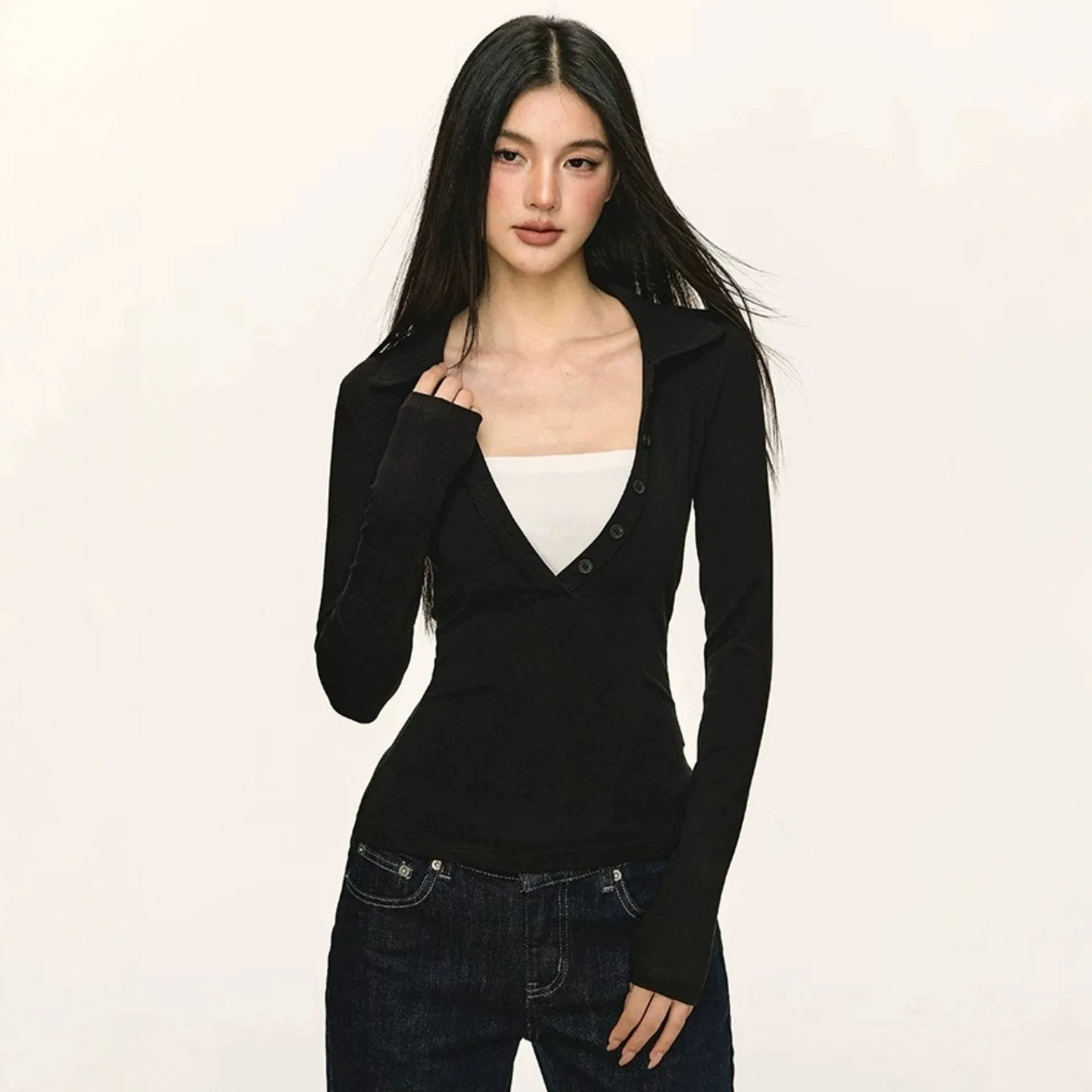 Y2K Hot Girl's Long Sleeve T-shirts Fake Two Piece Slim Fit Knit Shirt Women Solid Color Turn-down Collar Streetwear Cropped Top