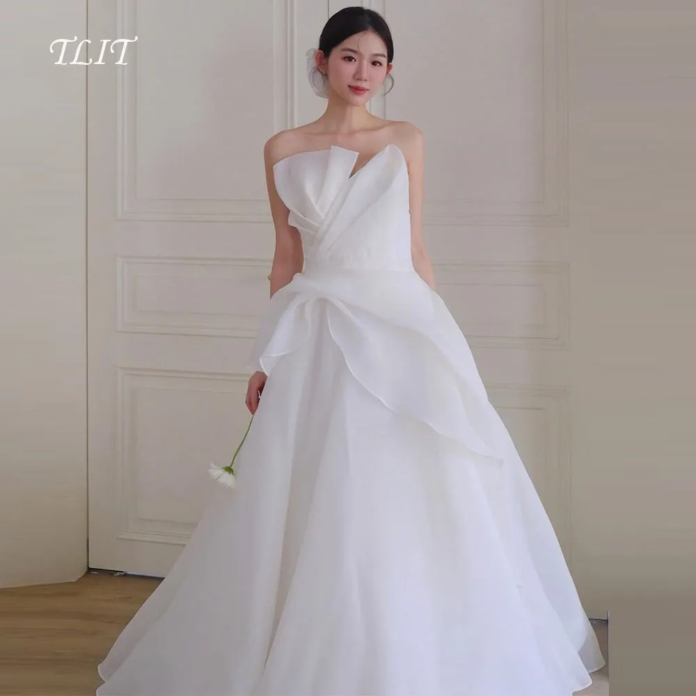 

TLIT Elegant White Organza A-Line Wedding Dresses Pleats Strapless Bridal Gowns Korea Wedding Dresses Photos Shoot Customized