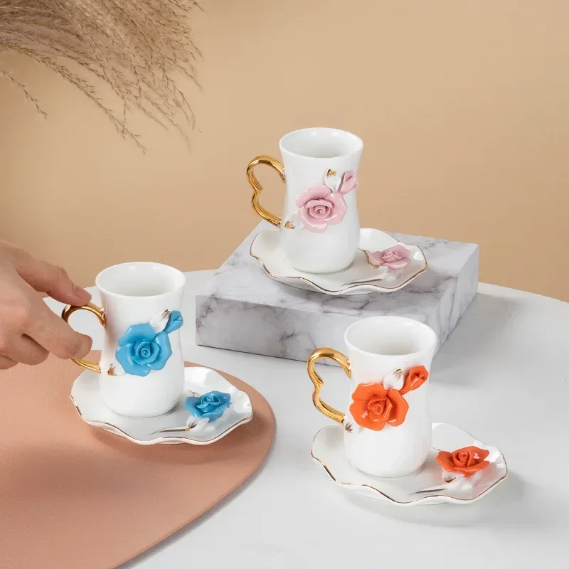 

Rose Ceramic Coffee Cup Saucer Creative Ceramic Cup Rose Flower Coffee Cups High Value Ceramic Mug Tea Cups