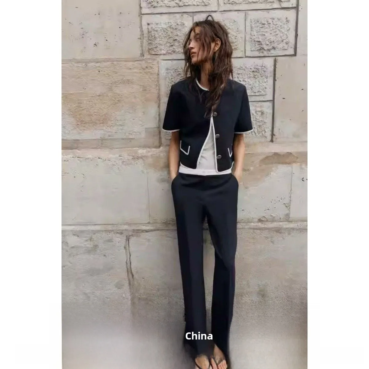 Spring 2026 High Waist Straight Leg Pants Short Sleeve Women's New Casual Style Fashion Outerwear Button Closure Other Material