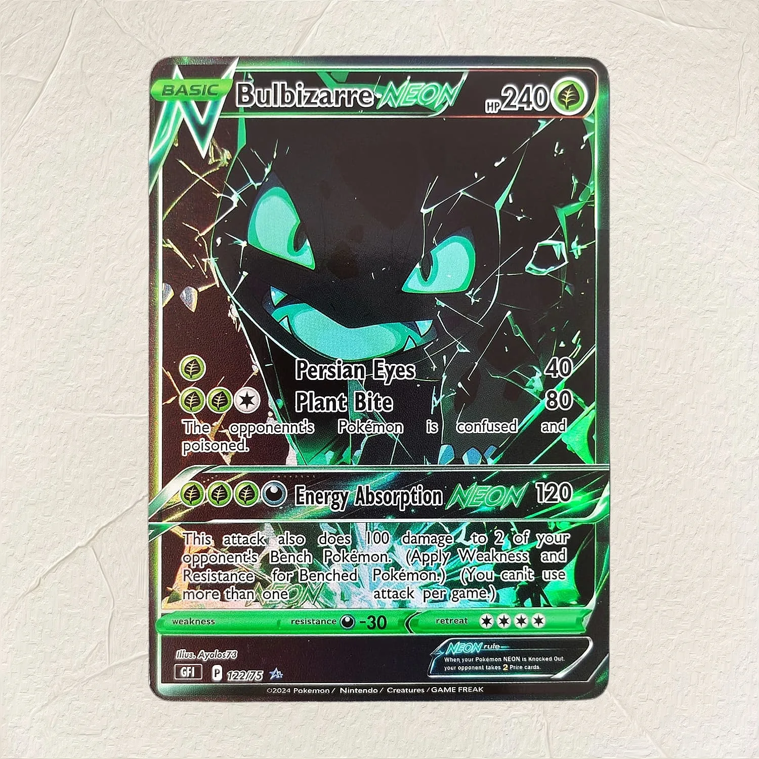Tarjeta Pokémon en Inglés, Bulbasaur NEON 122/175, Tarjeta de Colección de Anime Premium con Textura Holográfica, en Perfecto Estado
