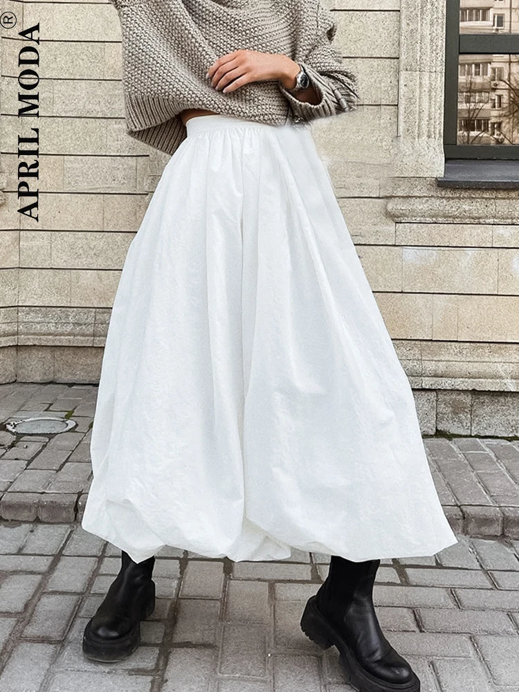 

2024 Summer Flower Bud Midi Long Skirt High Waist Ball Gown A Line Skater White Black Solid Flowy Fashion Loose Party Skirts