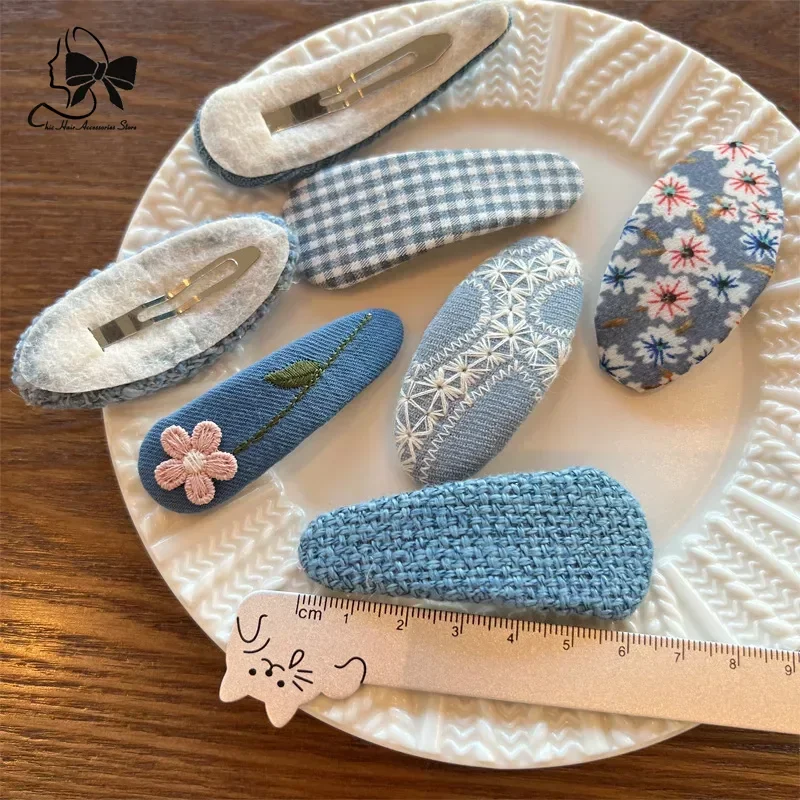 2pcs New Cute Cotton Embroidered Denim Hair Clips for Girls Sweet Flower Hairpins BB Clips Kids Fashion Hair Accessories