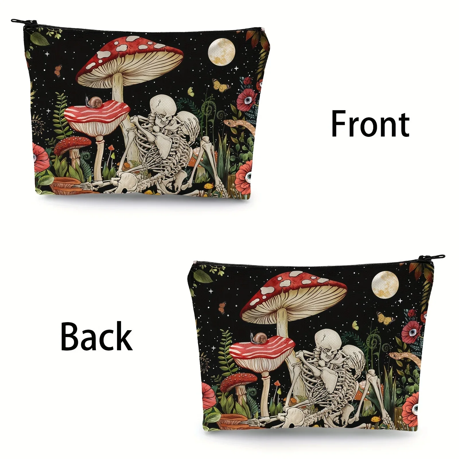 Vibrant Mushroom Skull Floral Cosmetic Bag Zipper Closure Multi-Functional Travel Pouch Fashionable Linen Makeup Case