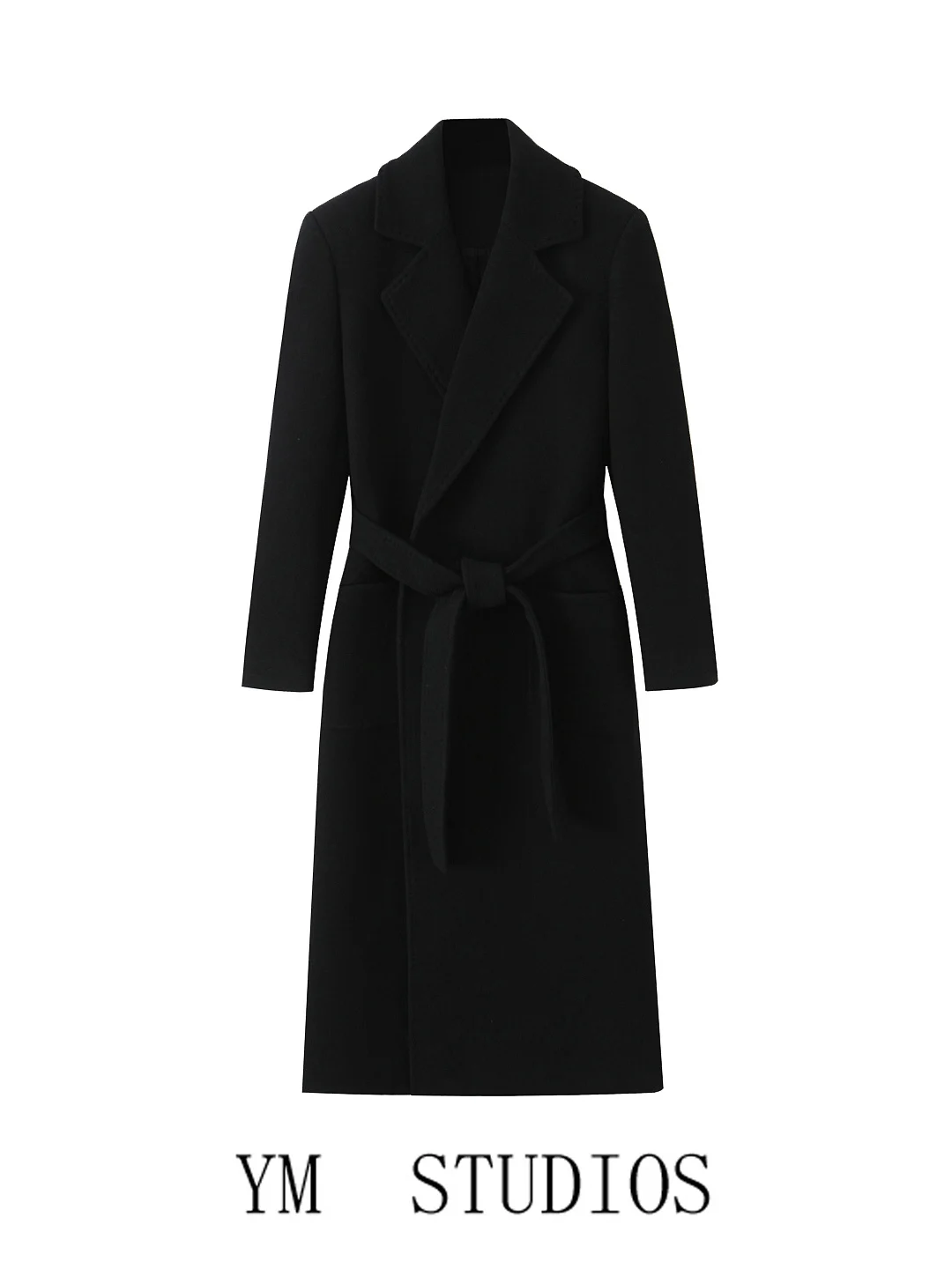 

Ele Bla Woolen Coat with Tie Suit Collar mat Sle Women's Medium Length Waist-Cinching Outerwear