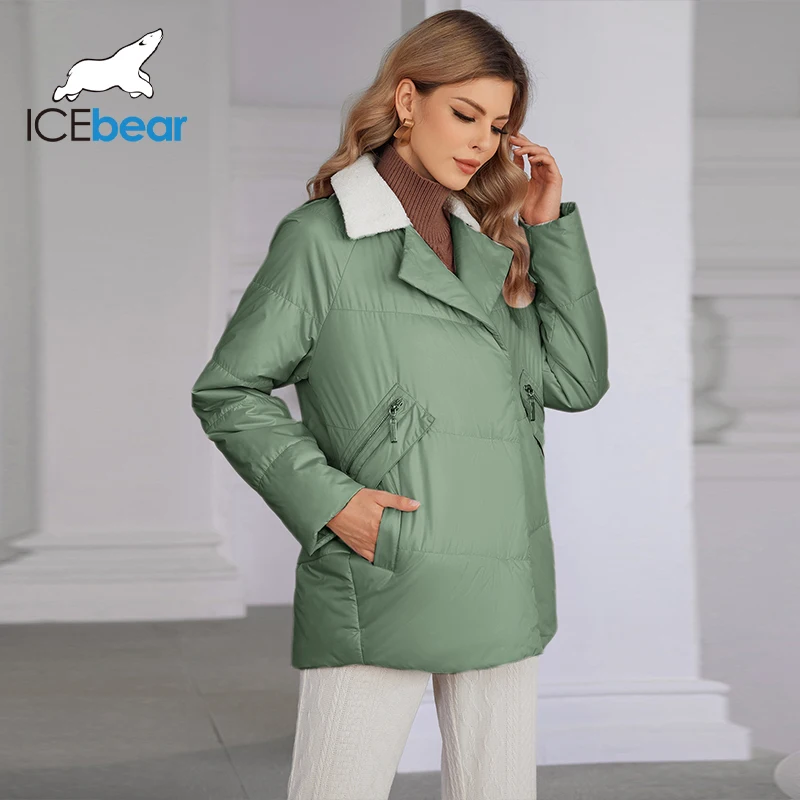 ICEbear 2024 New Spring Women\'s Coat Short Thin Cotton Slim Parkas Slant Pockets Hooded Zipper Style Women Jacket GWC4795I