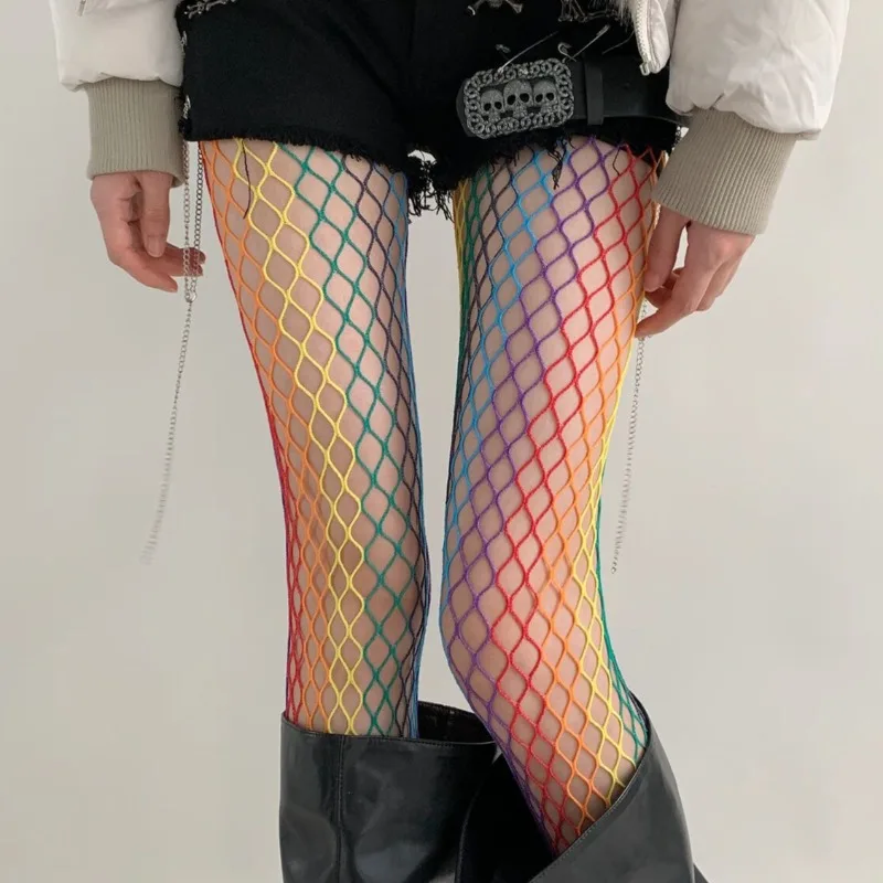 

Women's Summer Thin Y2K Subculture Spicy Girls Pantyhose Sweet Cool Dopamine Rainbow Color Mesh Tights JK Goth Fishnet Stockings
