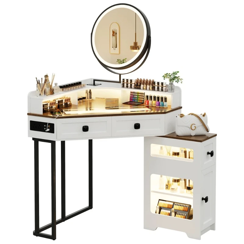 

Corner Vanity Desk with Mirror and Lights, Makeup Vanity with Charging Station&Human Sensor Light, Dressing Table