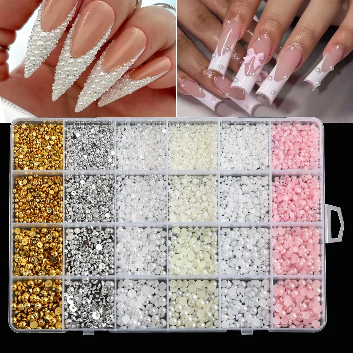 24 Grid Semi-Circle Flat Bottom Imitation Pearl Nail Decorations in White Gold Silver Beige Pink - Multiple Colors Mix for DIY N