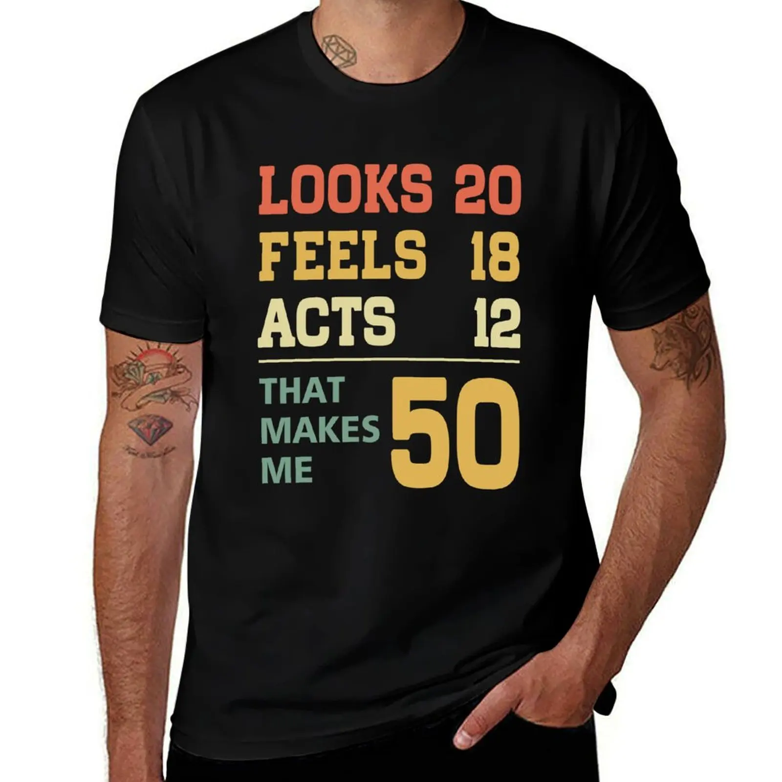 

Funny 50th Birthday -Looks 20. Feels 18. Acts 12. That makes me 50 T-Shirt luxury designer new gifts and t-shirts men clothes