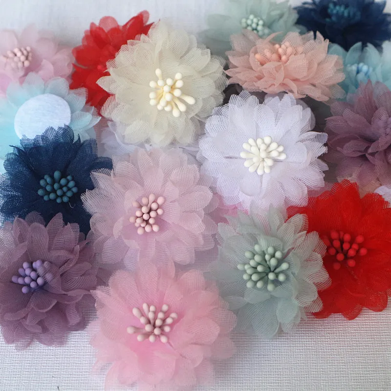 10Pcs 4CM Handmade Chiffon Fabric Cored Flowers For DIY Hair Accessories Hats Headband Wedding Dress Decoration