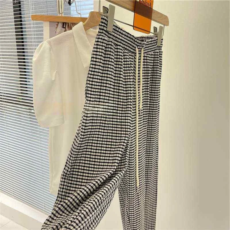 Pantaloni casual plissettati scozzesi bianchi Bla da donna a vita alta gamba larga misto cotone vestibilità comoda coreano Sle Spring Faion