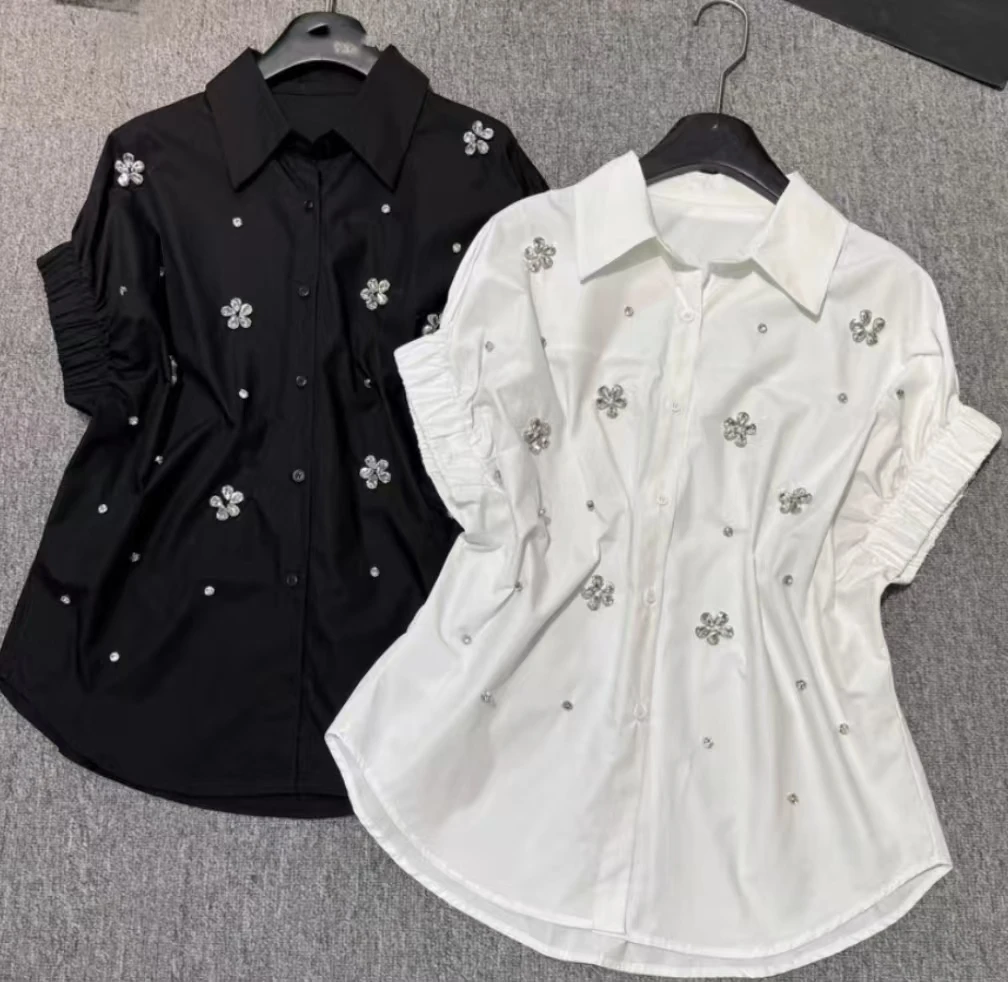 

New In 2025 Summer Cotton Shirts and Blouses Woman Short Sleeve Loose Casual Black White Top Women Clothing