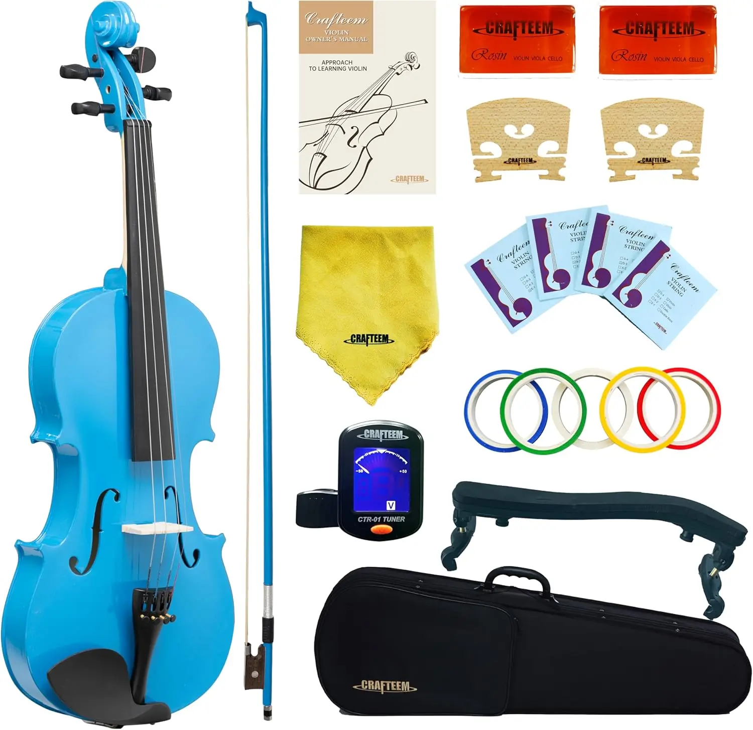 

Handcrafted Blue Violin Outfit 4/4 Full Size for Beginners, Adults, and Kids - Includes 5-Color Fingering Tape, Premium Student Violin