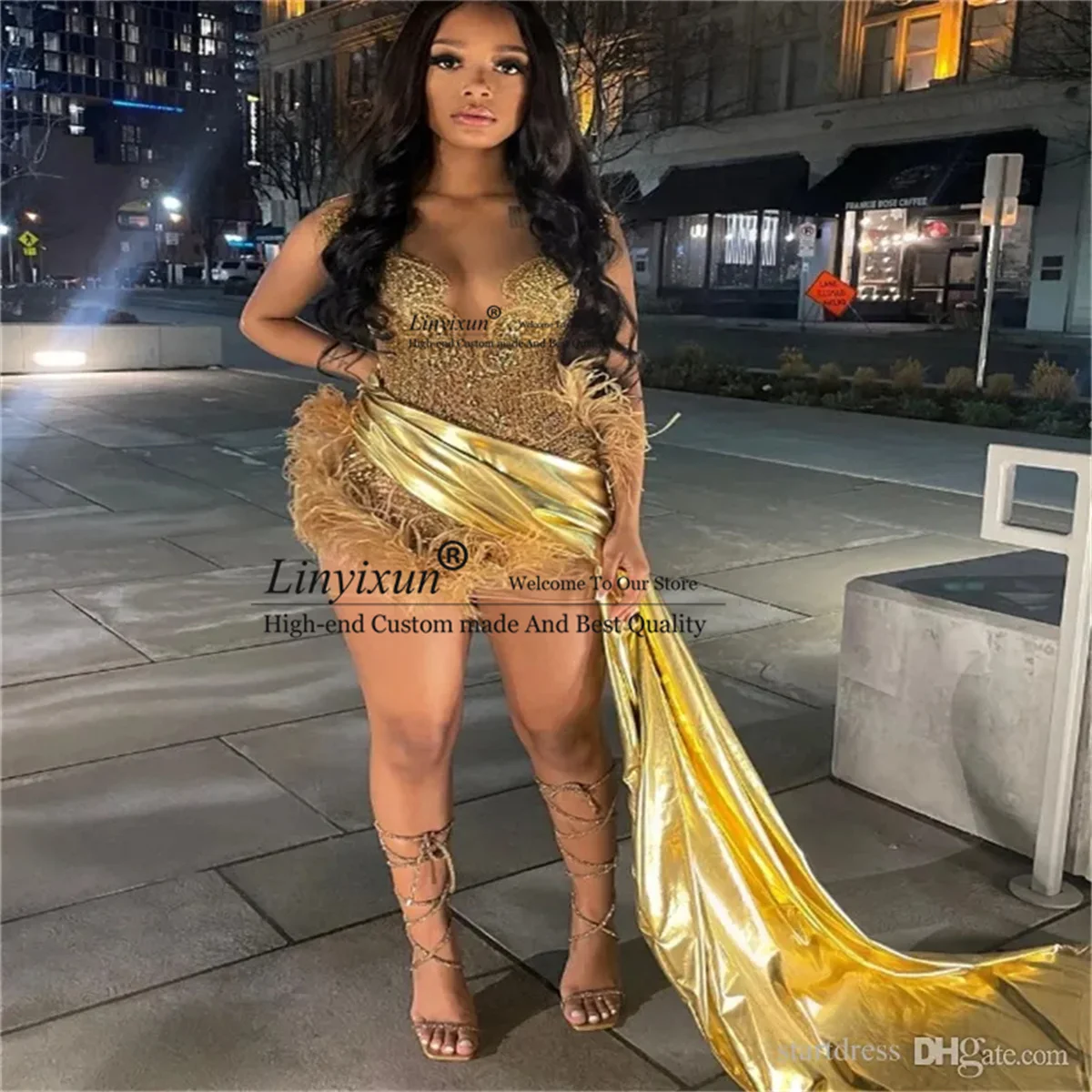 Gold Sweetheart Short Prom Dress For Black Girls Beaded Crystal Feathers Homecoming Party Dress With Tail Mini Abiti Da Cocktail