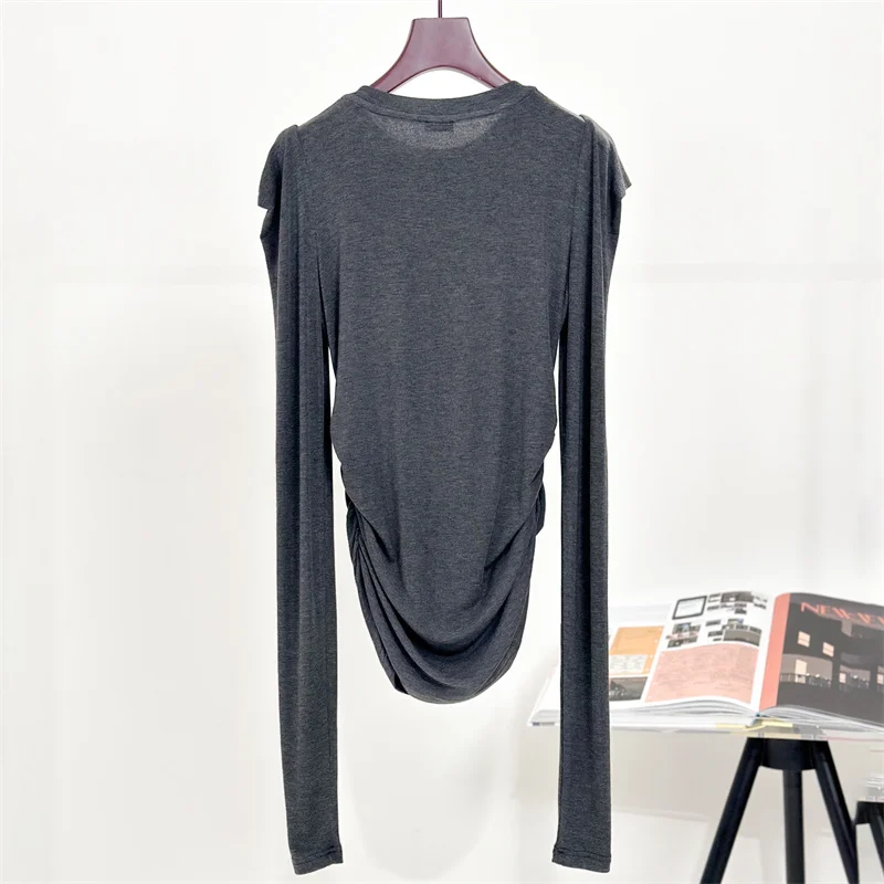 T-shirts New autumn 2024 pleated slim fit women\'s long sleeved top Elastic round neck pullover sweater wool blend Women top y2k