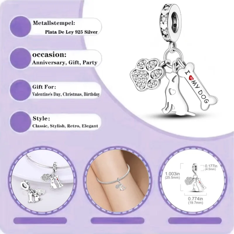 

Original 925 Silver Charm Dog Bone Pendant Bead Bracelet Wearing Female Accessories