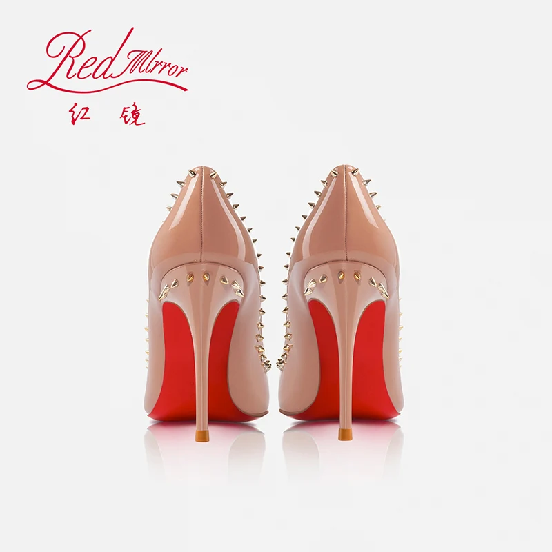 Women's Luxury Heeled Shoes Red Shiny Bottoms Pointed Toe Pumps Naked color Rivets Thin High Heels Elegant Fashion Women Shoes