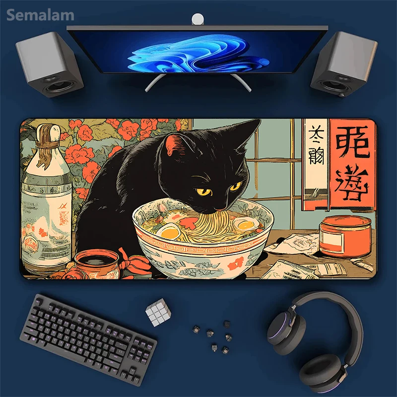 

1pc Japanese Ramen Shop Large Gaming Mouse Pad Black Cat Noodle Desk Mat Non-slip Rubber Stitched Edge Pads PC Tablet for Office