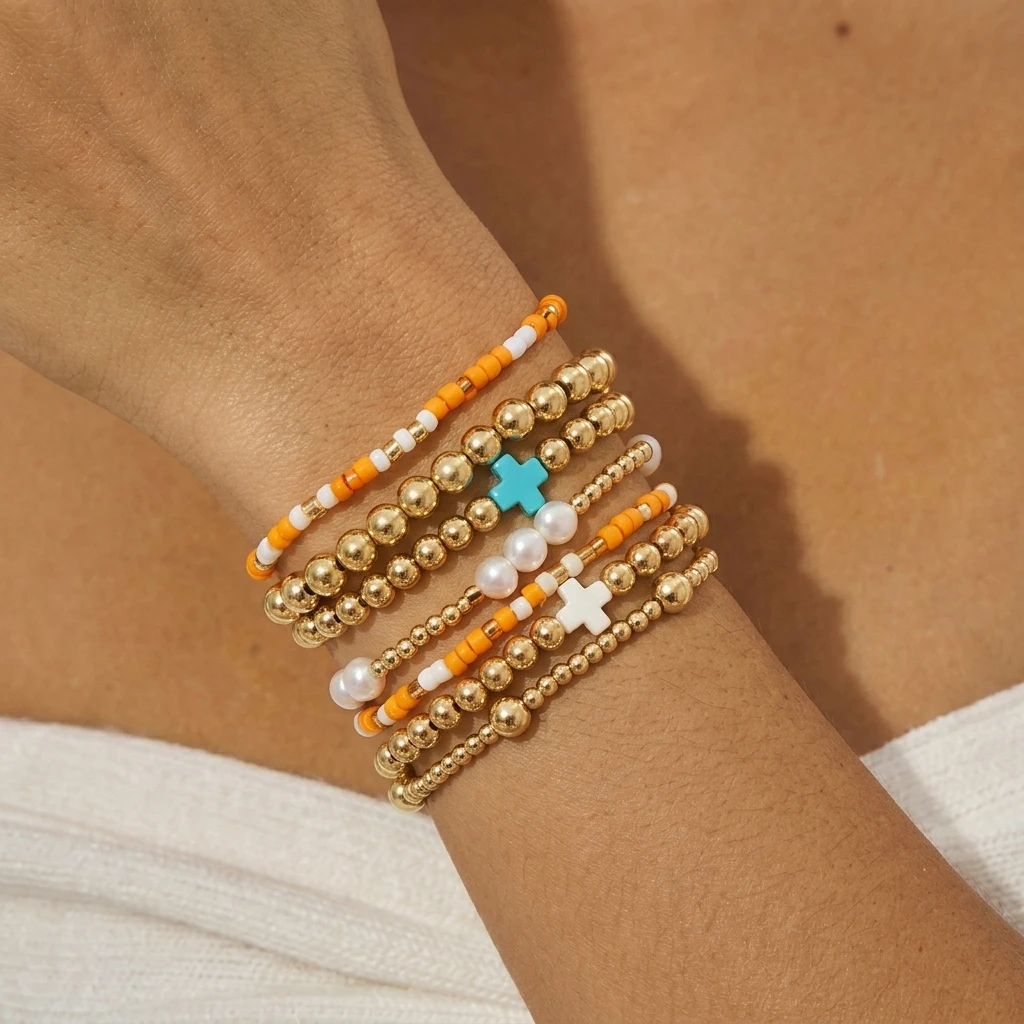 

Bohemian Style Seven-Piece Set Copper Bead Faux Pearl White Cross Bracelets Fashion Jewelry Gift for Friends