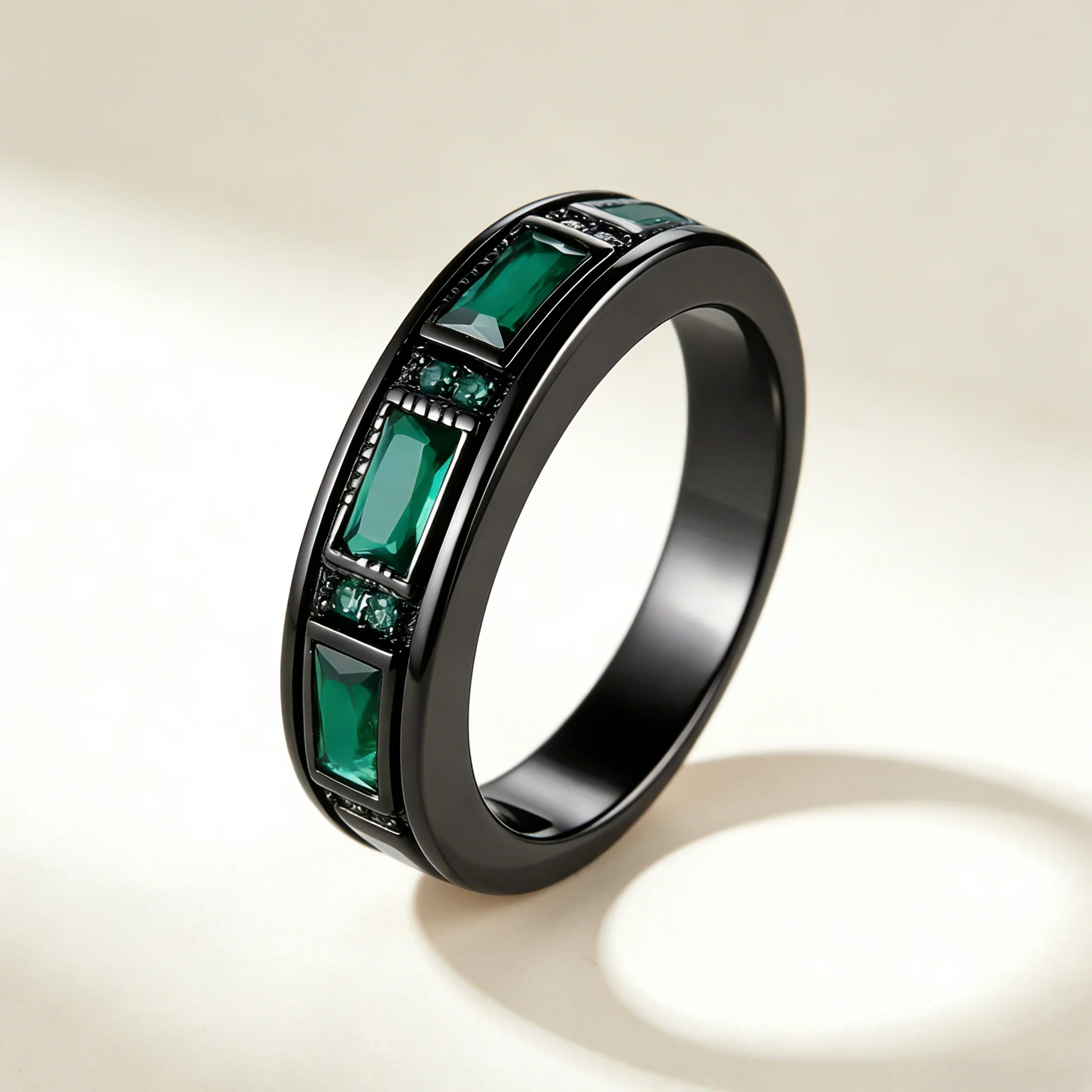 

Women's Black Gun Plated Vintage Gothic Ring with Green Rectangular Cubic Zirconia Elegant Designer Jewelry Luxury Gift Her