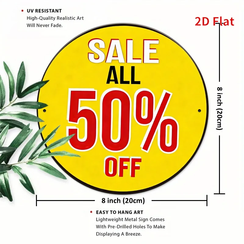 [2D Flat] 1pc 2Dflat Circular Aluminum Sign | Yellow Promotion Off, 7.87x7.87inch, Waterproof and Rust Proof, No Drilling Requir