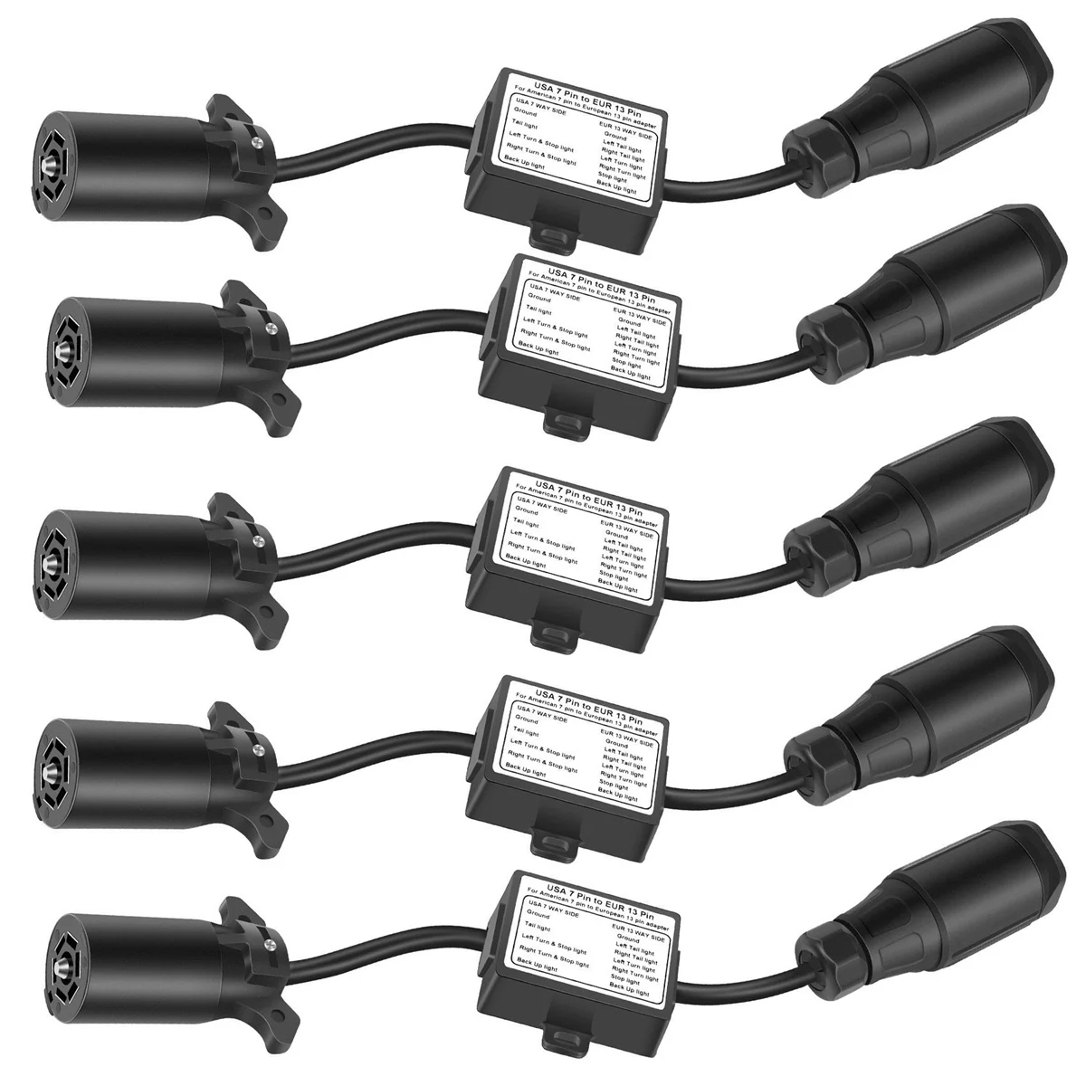 5X USA to European Trailer Light Converter 7 Way Flat Socket (US Vehicle) to 13-Pin Round Plug (EU Trailer)