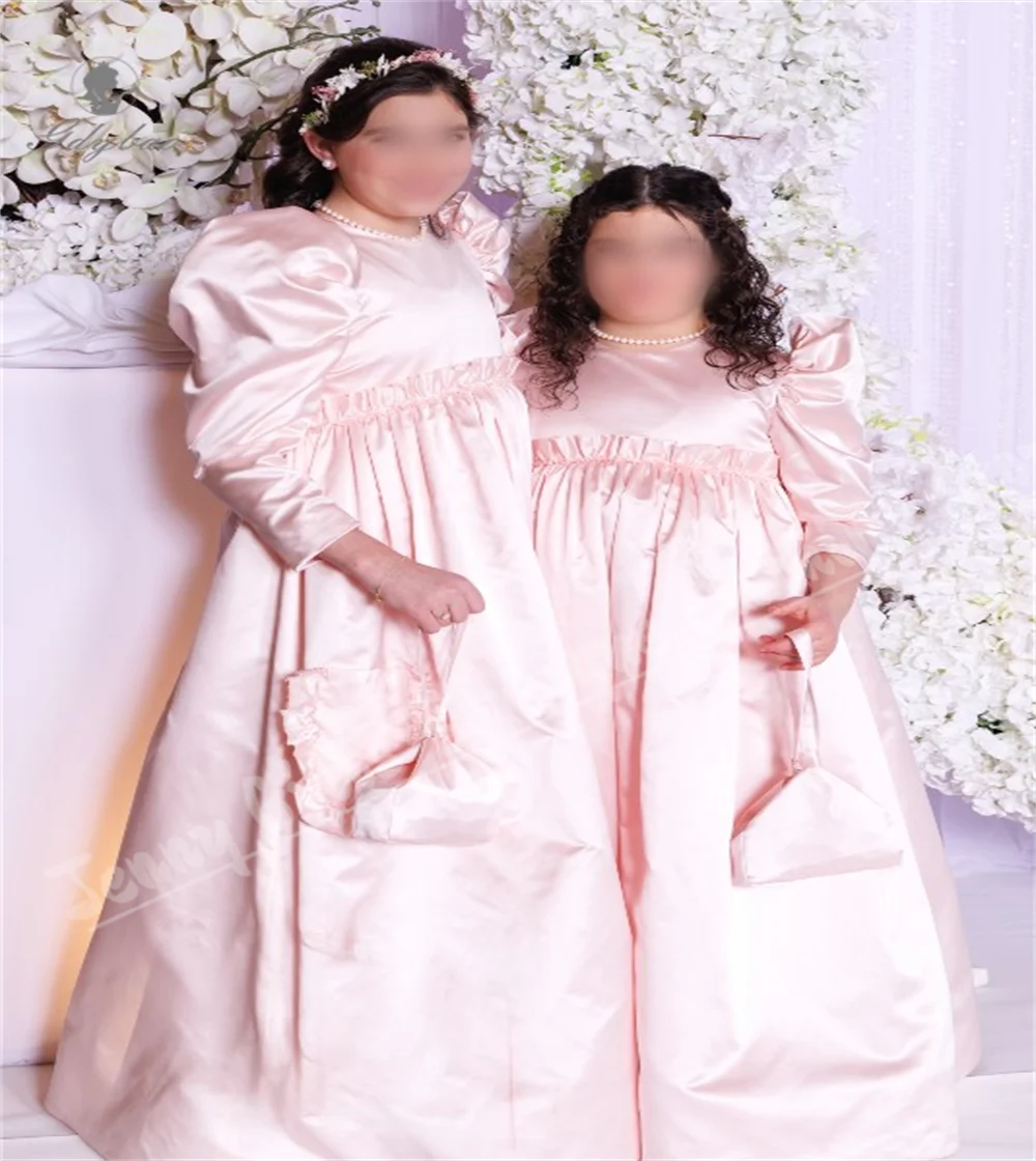 Vestido de niña de flores de satén rosa, decoración de bolsillo para boda, cuello redondo, vestido para ocasión Formal, personalización de primera comunión de princesa