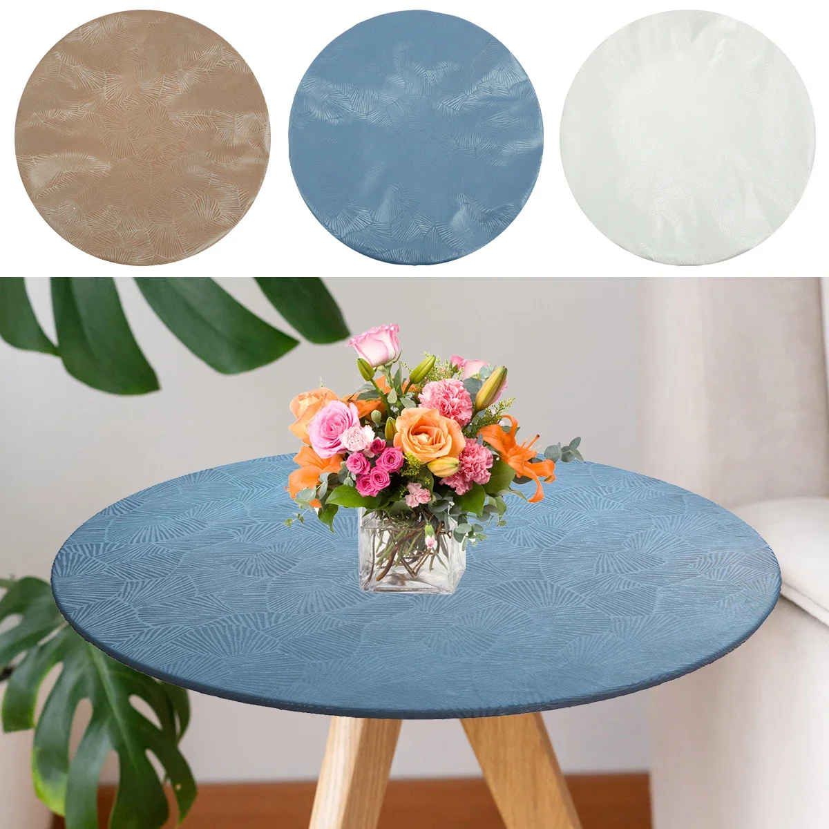 New Round Tablecloth Waterproof Stain Resistant Round Table Cover Anti-slip Table Cover with Elastic Edge Decorative Table