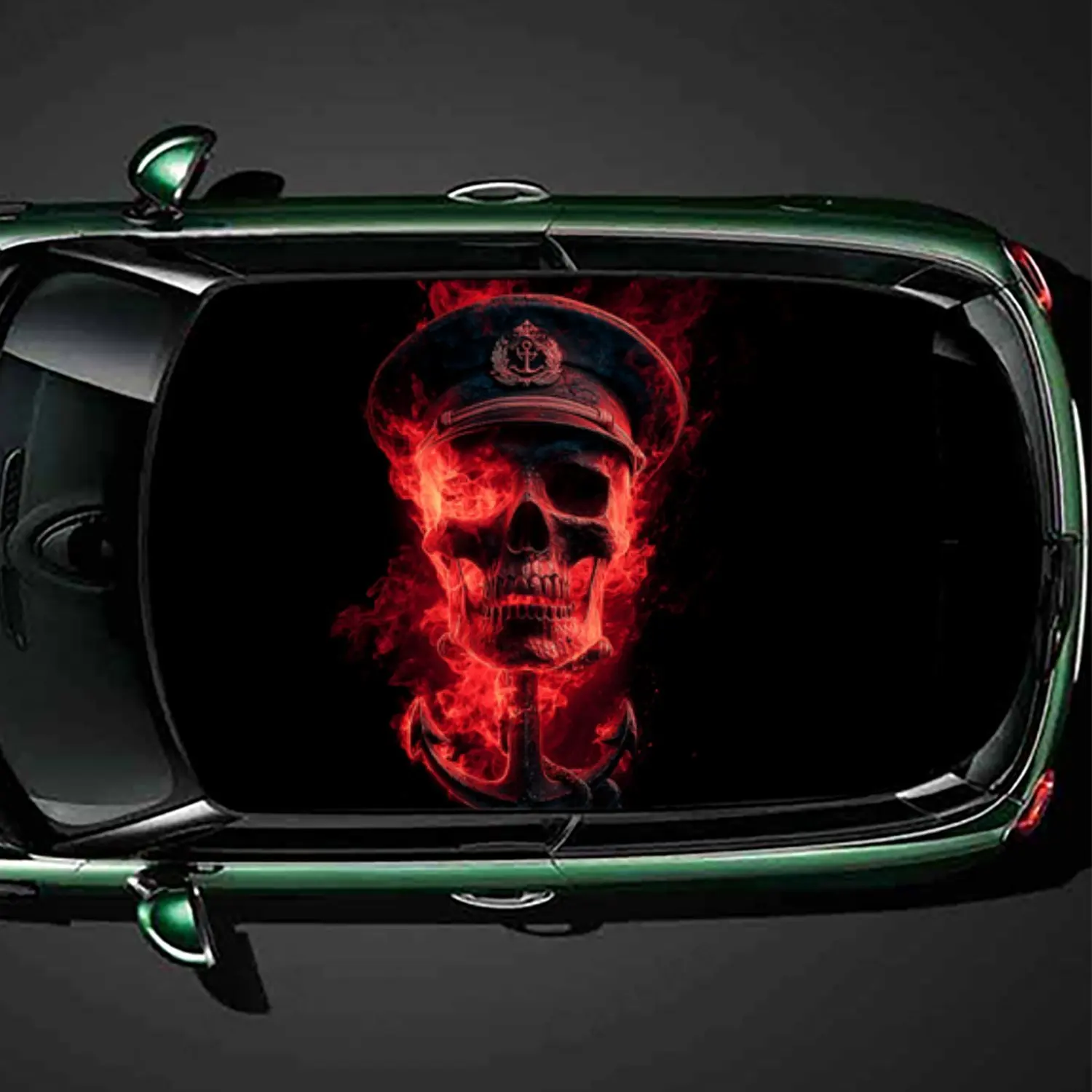 

Flame Skull Spirit of the Military Hat Print PVC Car Roof Sticker, Self-Adhesive Waterproof Car vinyl Decal, Car Decoration Prot