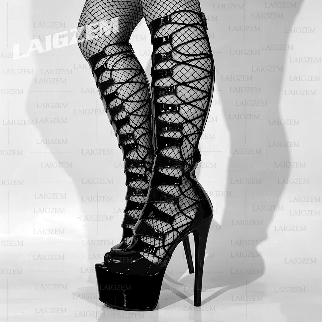 LAIGZEM Women Sandals Knee High Open Toe Elastic Strings Back Zip Thin High Heels Pumps Ladies Shoes Woman Big Size 41 45 52