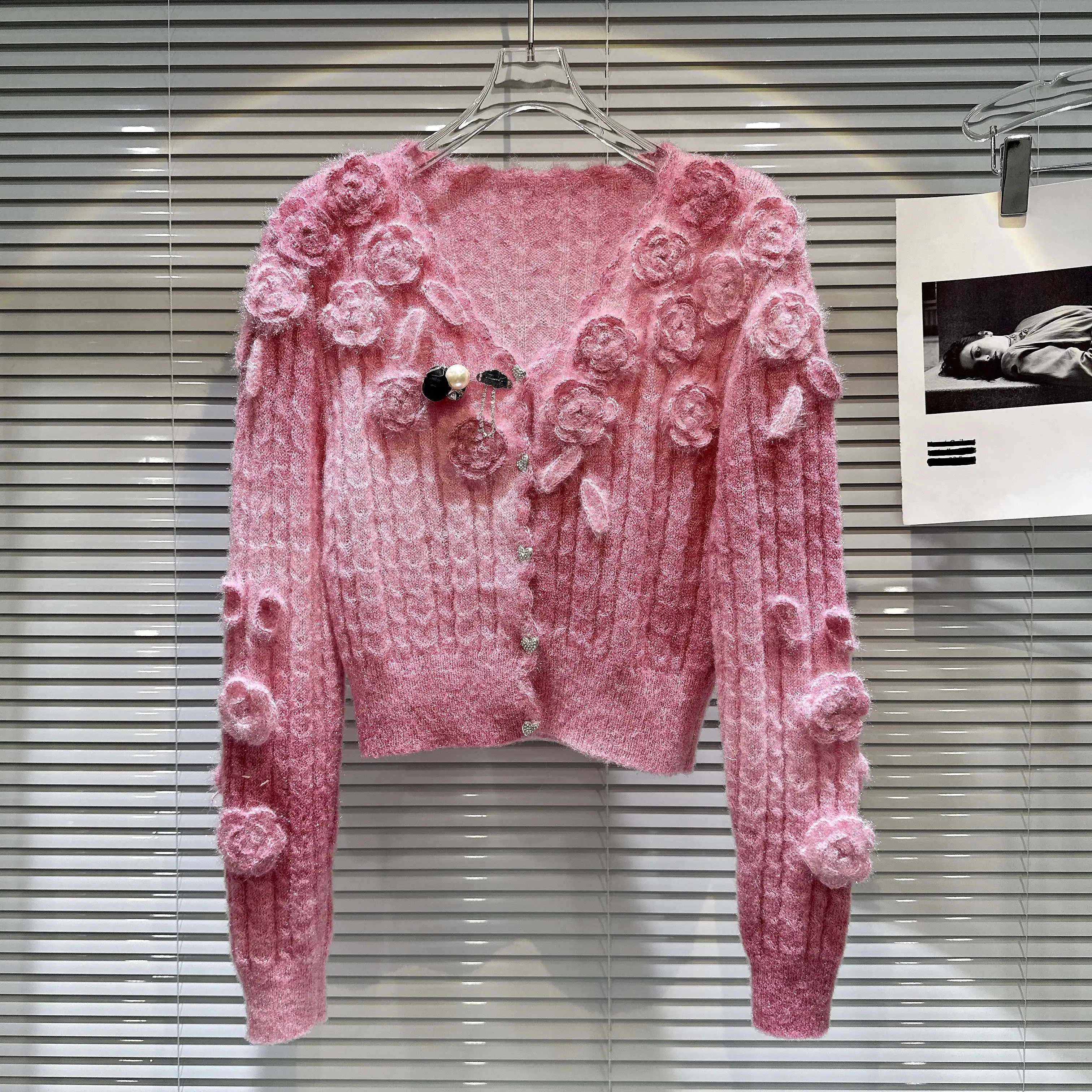 Musim semi musim gugur 3D bunga rajutan Cardigan rajutan berpengait bunga mantel Sweater Pink gradien rajut jumper atasan Crop Sueter