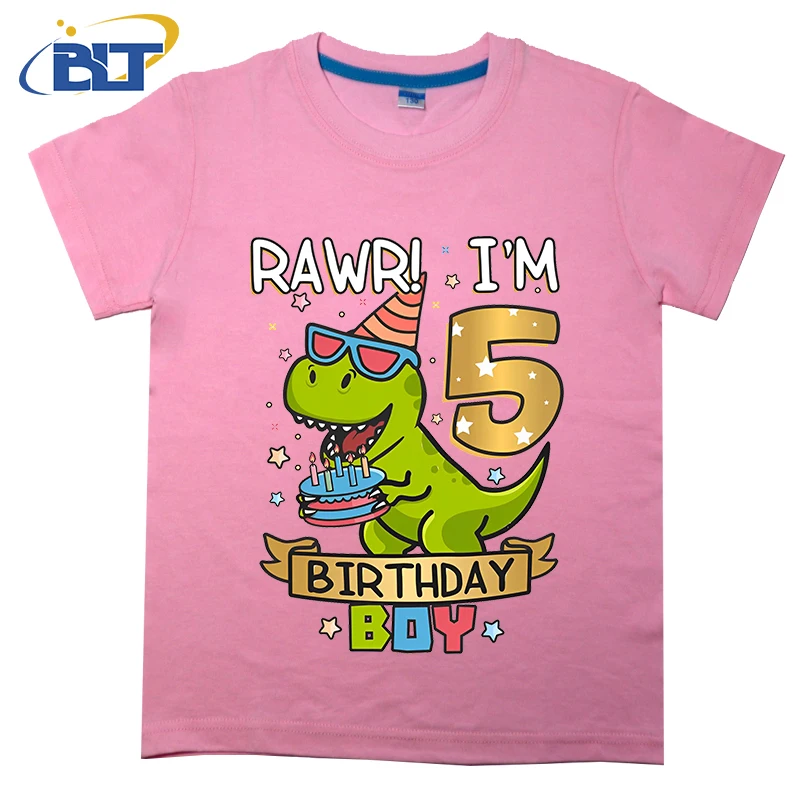 5th ulang tahun anak laki-laki dinosaurus kekasih lucu kue dicetak T-shirt anak musim panas katun lengan pendek kasual atasan untuk anak laki-laki dan perempuan