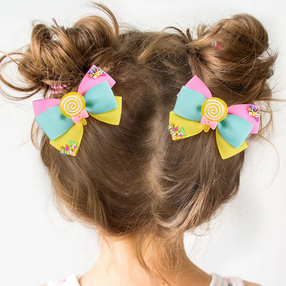 ncmama 2/1Pcs New Lollipop Hair Bow Clips Cute Candy Hairpin for Toddler Solid Ribbon Bowknote Barrettes Girls Hair Accessories