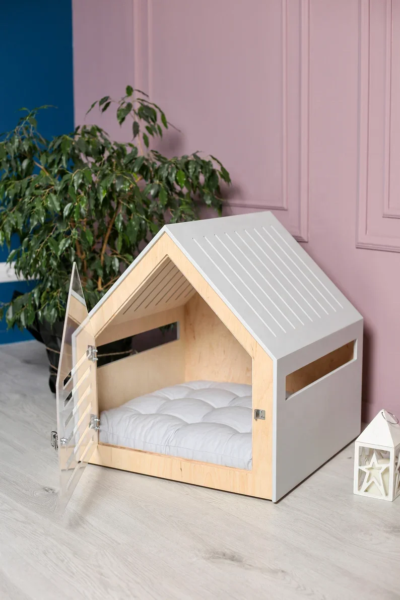 

Wooden Indoor Modern House, White Dog Kennel With, Acrylic Door Pet Furniture, Comfortable Shelter Design