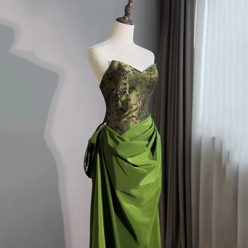 Green New Chinese Style Morning Gowns Dress Toast Dress Bride Engagement Dress Light Luxury Minority Long Tube Top Dress