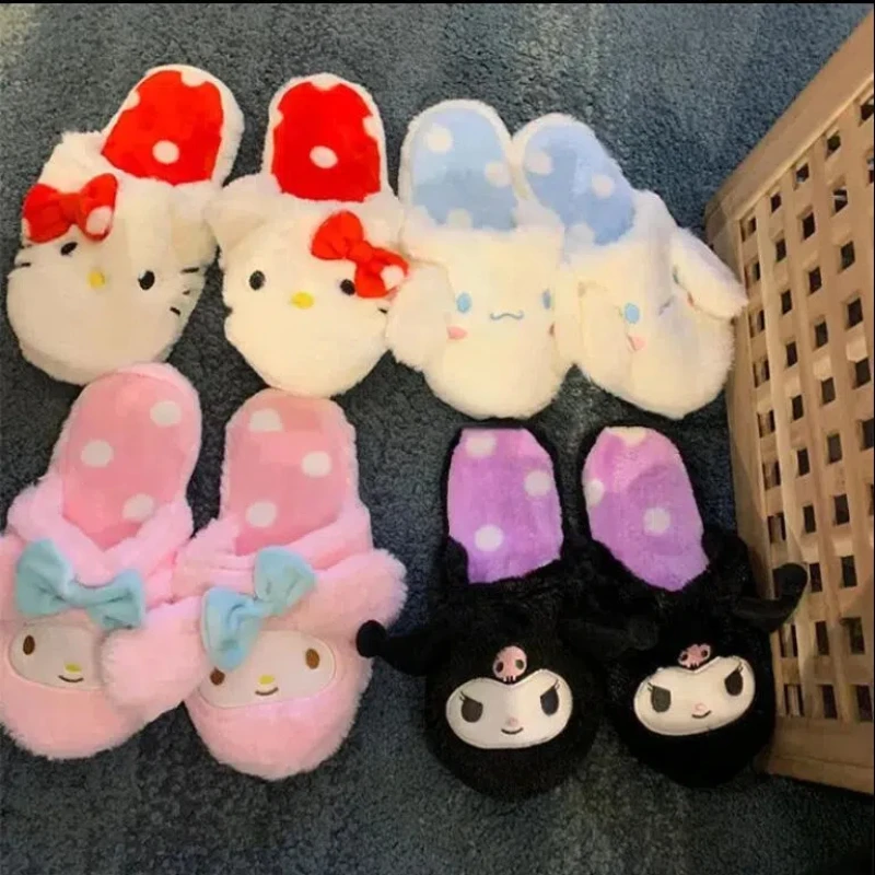 Sanrios Cartoon Kawaii Mymelody Kuromi Cinnamoroll Plush Three-Dimensional Home Dormitory Floor Slippers Plush Slippers