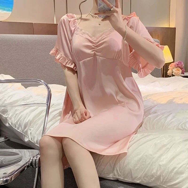 

Ночные рубашки женские Kawaii сексуальная летняя ночная рубашка с коротким рукавом Ins корейская мода Mujer простая элегантная однотонная нежная одежда для сна
