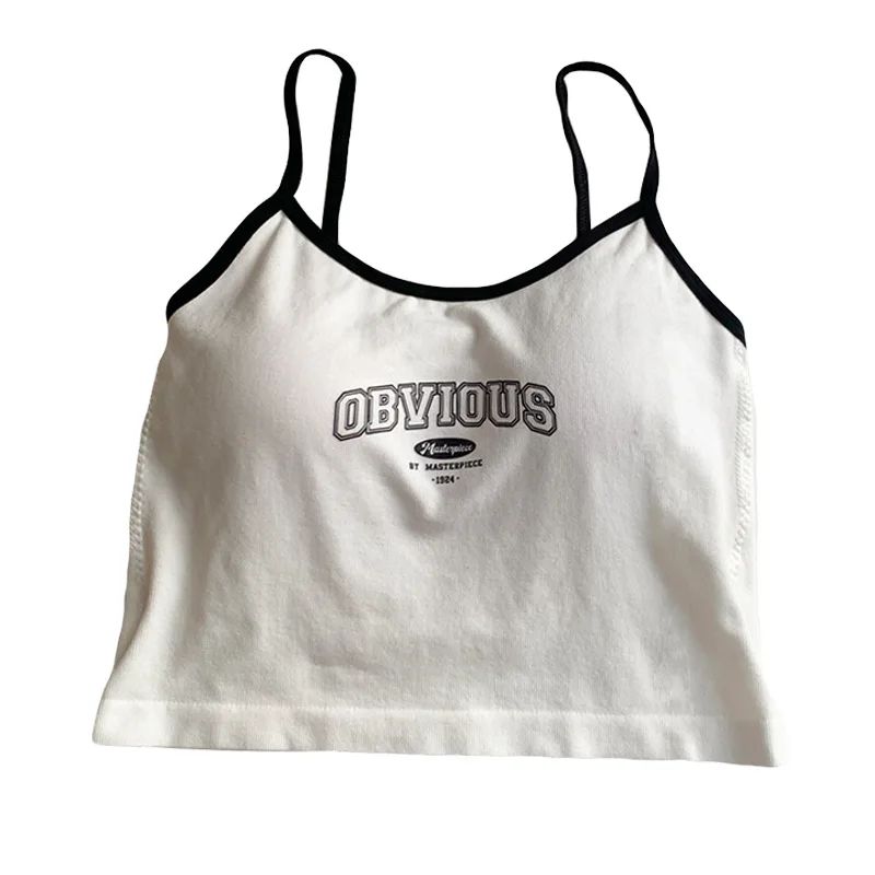 2024 Summer Letter Printing Tops Spaghetti Camisole Women With Padded Bra Crop Tops O-Neck Solid Crop Tops Sports Short Vest 1PC