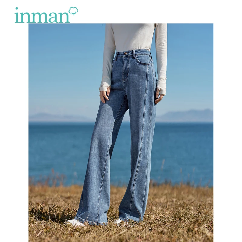 

INMAN Women Fleece Jeans 2023 Winter Mid High Waist Straight Loose Wide-leg Denim Pants Fashion Versatile Trousers